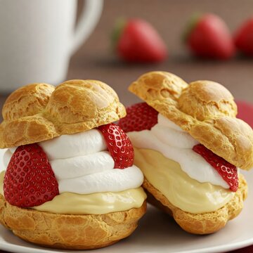 Strawberry cream puffs. Dessert for two filled with lucious bavarian and whipped vanilla cream