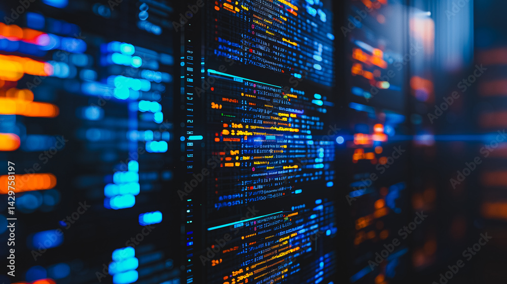 Poster data fortress: a mesmerizing digital landscape of server racks, alive with vibrant code and data str