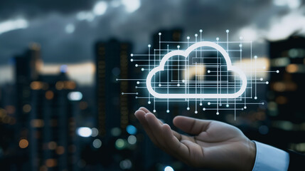 Cloud Computing in the City: A hand presenting a glowing cloud icon representing cloud computing with a stunning urban backdrop showcasing the seamless integration of technology with the city.
