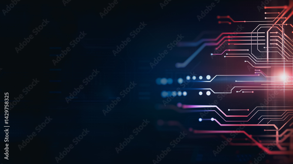 Poster digital pathways: a vivid circuit board design, radiating data streams and technological progress, w
