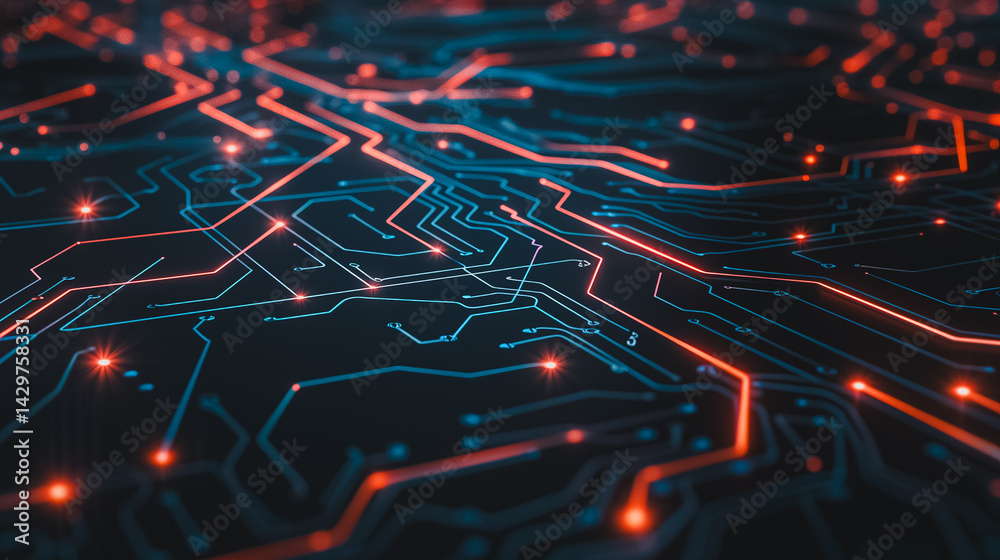 Poster circuit board abstraction: a detailed view of a complex circuit board, showcasing intricate pathways