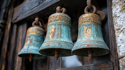 Obraz premium Bronze bells chime melodically from a clock tower, marking the passage of time