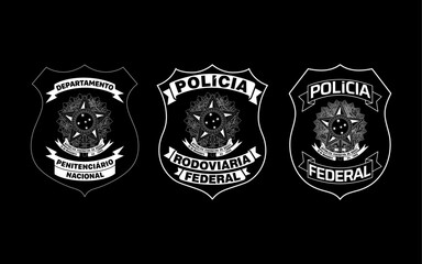 Brasão da Policia do Brasil. Policia Federal PF, Policia Rodoviaria Federal PRF e Depen em vetor editável para concurso publico da policia brasileira 