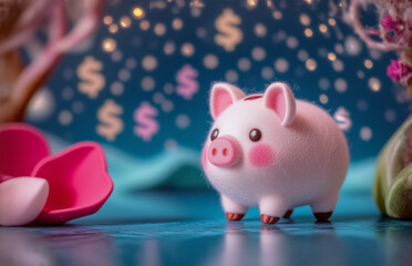 A charming scene depicts a piggy bank, representing savings, set against a dreamlike, money-filled backdrop, hinting at wealth and financial goals. Pink and blue hues create a whimsical atmosphere, pr