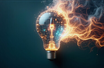 Glowing lightbulb with internal circuit design emits fiery energy, symbolizing innovation and bright ideas on a dark backdrop.