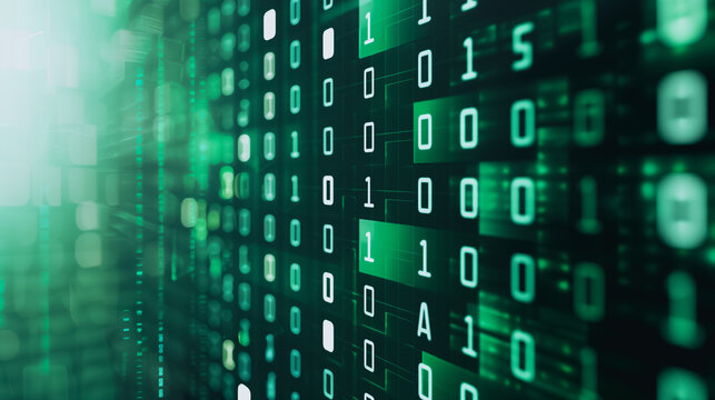 Digital Code: Abstract digital display features a vibrant array of binary code, its emerald luminescence conveying the intricate world of technology and information.