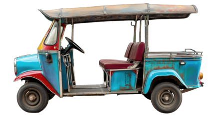 a colorful vintage three-wheeled vehicle designed for transportation featuring a canopy and two seats it showcases a rustic charm often associated with local transport in various regions