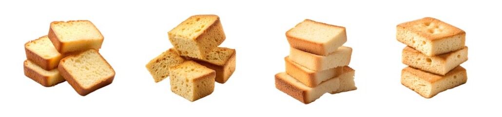 Set of stacked baked goods in different shades of light brown and yellow biscuits, isolated on transparent background