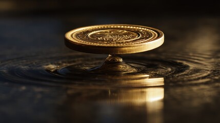 Golden coin spinning on water