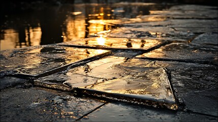 Obraz premium Frozen paving stones reflecting sunrise