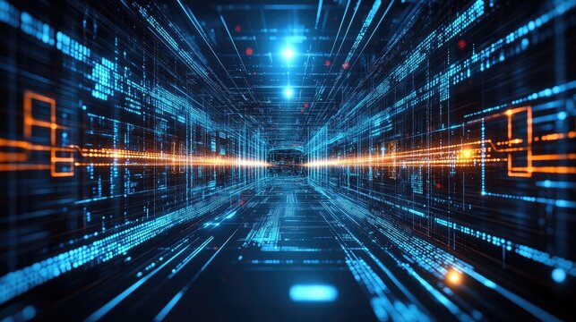Digital tunnel of futuristic data streams.