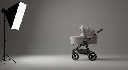 Modern light gray baby stroller with wooden handle and canopy in studio with lighting