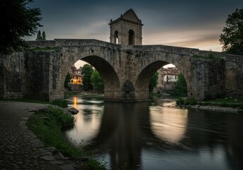Fototapeta premium Arched Stone Bridge with Tower at Twilight Reflection