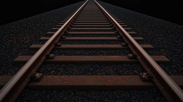 A perspective view of railway tracks stretching into the distance, surrounded by gravel, evoking a sense of depth and journey.