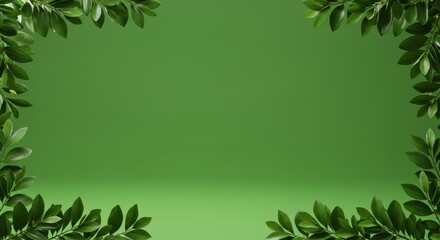 Fototapeta premium Minimalist composition with green background and leafy borders