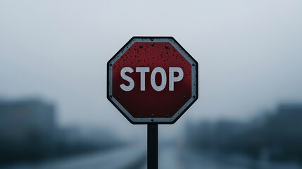 Obraz premium A red stop sign stands alone in a foggy environment, emphasizing caution and safety on a deserted road.