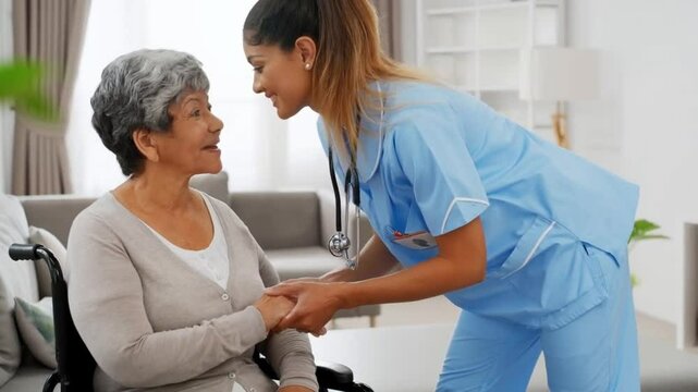 a female nurse caregiver holds hands to encourage and comfort an elderly woman for care and trust
