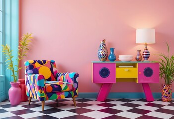 A vibrant Memphis design interior concept in 3D render, pink pastel wall, checkerboard flooring, and a fun, nostalgic 80s aesthetic
