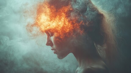 Capturing the chaos of overwhelming thoughts, a woman with an exploding head vividly illustrating stress, information overload, burnout, and mental health struggles like migraines and dementia.