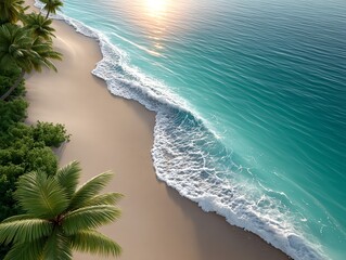 A tropical coastline at sunset, with turquoise waves and swaying palms