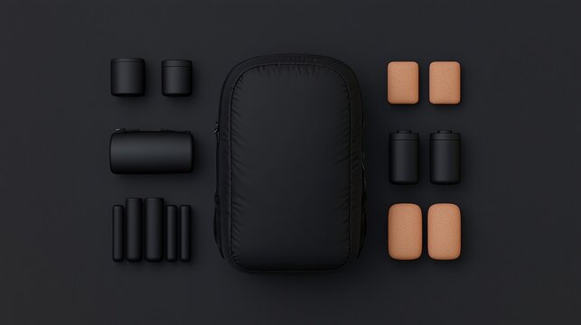 A minimalistic arrangement of a black backpack surrounded by various sleek black and brown accessories on a dark background.