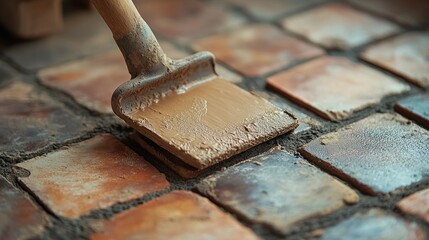 Trowel spreading mortar, laying terracotta tiles, floor installation