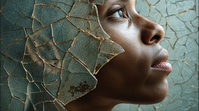 A close-up view reveals a person gazing thoughtfully, framed by intricate cracks in glass, symbolizing strength amidst fragility and deep emotion in an artistic context.