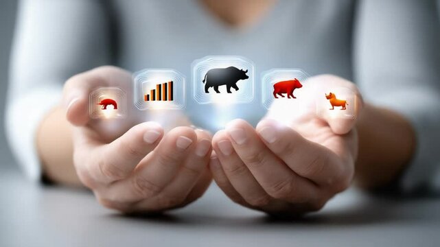 Investment Insights: A pair of hands gently cradles digital icons representing stock market trends. This image visualizes financial strategy, investment, and market analysis. 