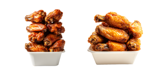 Two piles of golden brown, crispy chicken wings isolated on transparent background