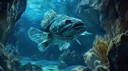 Majestic goliath grouper patrolling its coral reef territory with tranquility