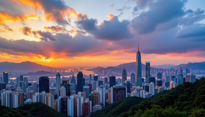 Fototapeta premium Breathtaking sunset over hong kong skyline urban landscape scenic view evening nature's beauty