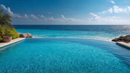 Fototapeta premium Oceanfront Infinity Pool: An idyllic setting where the crystalline pool seamlessly merges with the expansive ocean horizon, inviting relaxation. Capturing the tranquil beauty of the natural world.