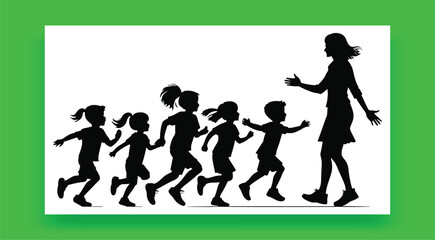 Obraz premium Teacher Playing Catching Game With Children Silhouettes Running Towards The Educator