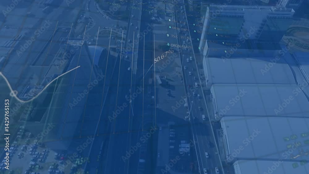 Poster 3d render data overlay showing line chart with nodes grid and financial labels over urban blocks