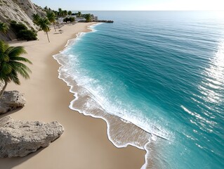 A tropical coastline at sunset, with turquoise waves and swaying palms