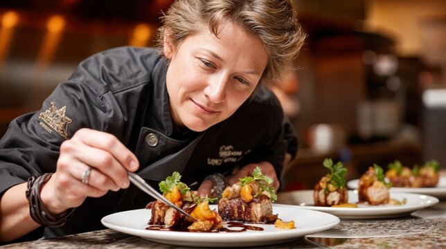 A dedicated chef focuses intently on creating exquisite plates of gourmet food, showcasing culinary skills with precision in a lively restaurant environment at dinner time.