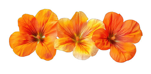 Fototapeta premium three vibrant orange flowers with delicate petals showcasing their intricate textures and colors against a white background it highlights the beauty of nature and floral design