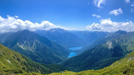 Lake in mountains panorama under blue sky with clouds, perfect for travel and nature