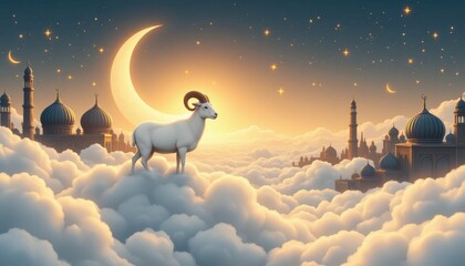 Eid al-Adha: A Celestial Ram on Clouds Above Mosques and Crescent Moon