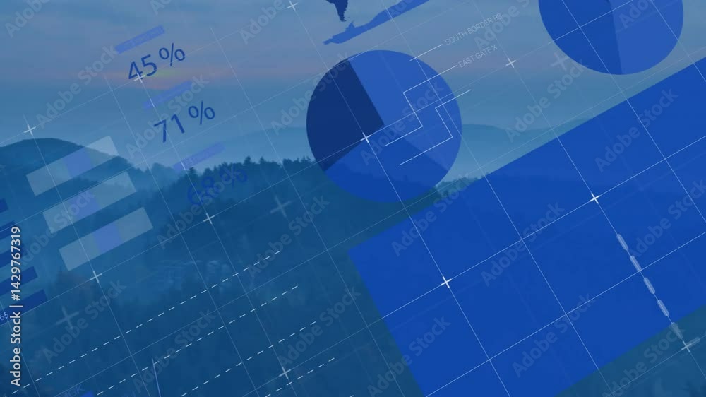 Poster digital data visualization overlay floating over forest at dawn, showing pie charts and bar graphs