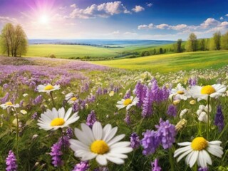 Fototapeta premium Spring landscape panorama with flowering flowers on meadow. white chamomile and purple bluebells blossom on field