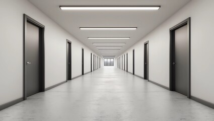 Long corridor with closed black doors