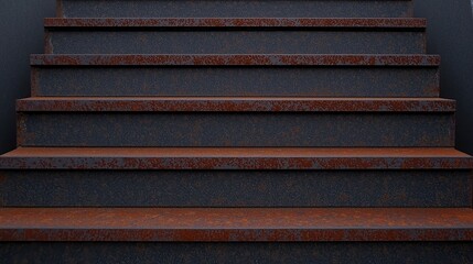 A close-up view of rusted metal stairs, showcasing a textured surface and a blend of dark and reddish hues, evoking a sense of industrial aesthetics.