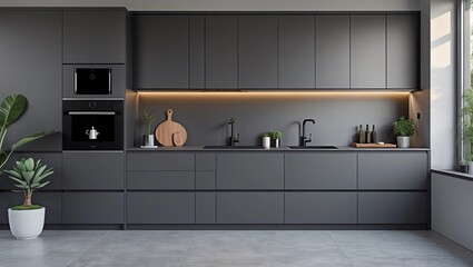 Minimalistic gray kitchen with oven 