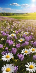 Fototapeta premium Spring landscape panorama with flowering flowers on meadow. white chamomile and purple bluebells blossom on field