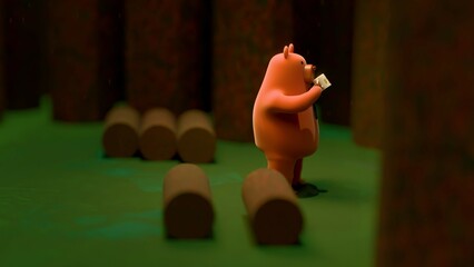 Cartoon bear in tie drinking coffee in forest, standing beside stacked logs, enjoying a quiet morning routine, humorous 3D render celebrating fatherhood and rustic lifestyle, Father’s Day concept.. © Omar