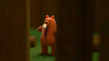 Whimsical 3D cartoon bear drinking from “ 1 Dad” mug in forest, wearing tie and standing among tall trees, humorous depiction of fatherhood in nature, Father’s Day concept with warm morning vibes © Omar