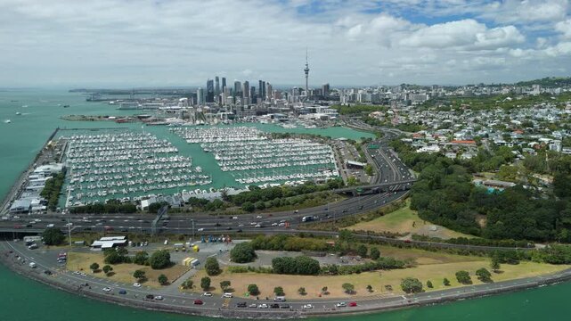 Aerial video of Auckland of New Zealand in daytime