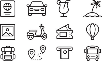 This black vector set features travel icons depicting various transportation methods like car, truck, bus, train, ship, airplane, bike, and van, forming a useful collection of transport symbols and il