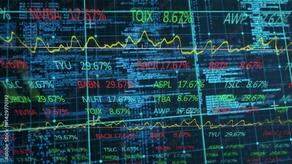 Poster financial dashboard displaying scrolling stock tickers over code grid, showing percentage graphs